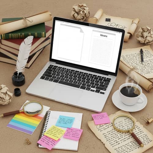 Creative Writing Workspace with Silver Laptop and Vintage Elements