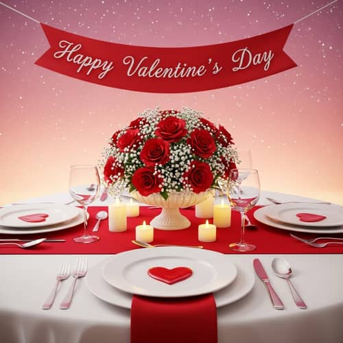 Romantic Valentine's Day Table Setting with Red Roses and Heart Plates