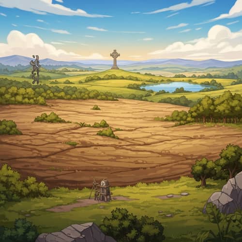 Picturesque 2D Landscape with Vast Soil, Large Cross, Lake, Woods
