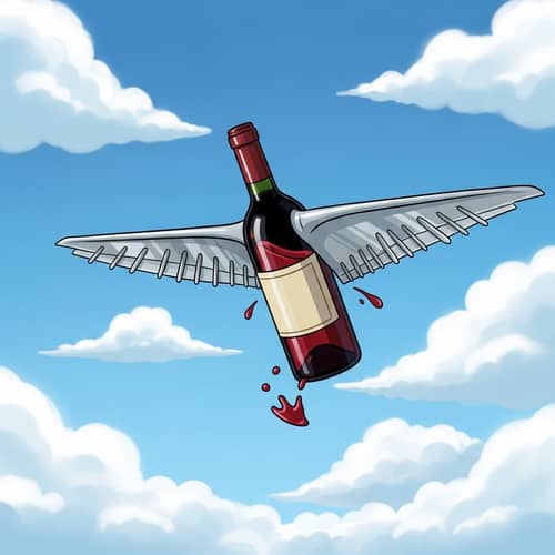 Whimsical Cartoon Illustration of Wine Bottle with Aircraft Wings