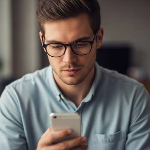 Young Man Engrossed in Reading on Smartphone