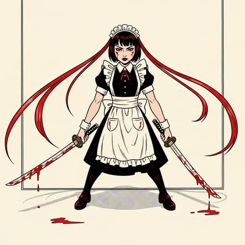 Asian Maid Cosplay with Bloodied Katanas | Comic Style Art
