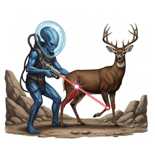 Intergalactic Wildlife Hunting Scene: Alien with Laser Cuts Deer Legs