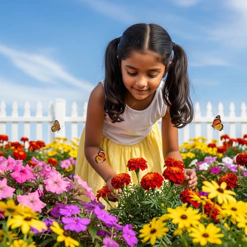 Adorable South-Asian Girl Exploring Colorful Flower Garden