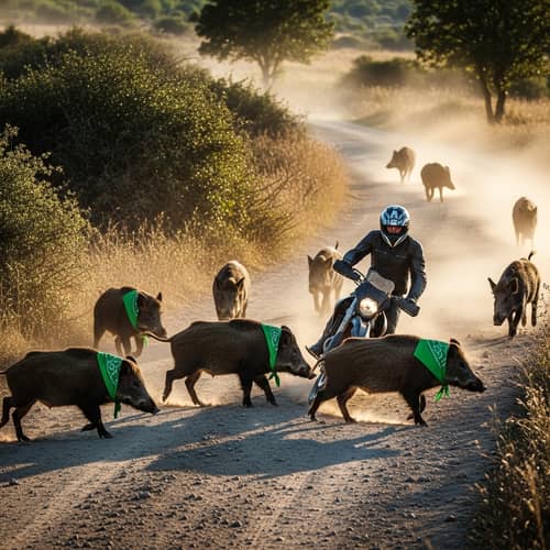 Wild Boars Encounter Motorcyclist on Rural Road