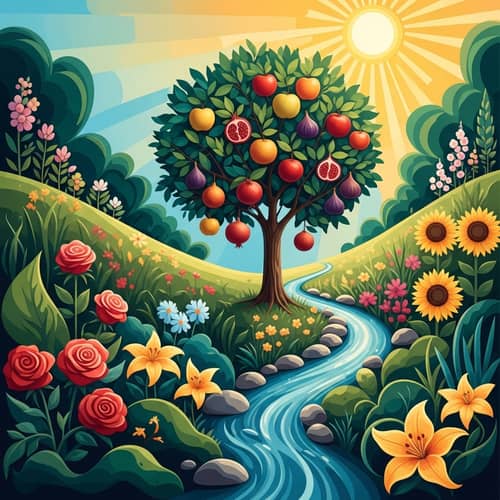 Symbolic Fertility Scene: Lush Garden, Fruit Tree, Flowing Stream