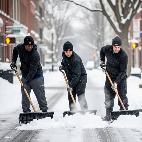 Diverse Snow Shoveling Crew Clearing Urban Street | Winter Scene
