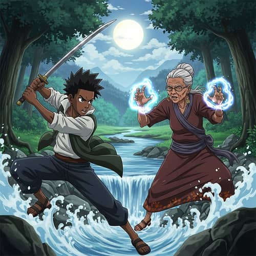 Dynamic Anime Scene: Intense Sword Battle in Stunning Landscapes