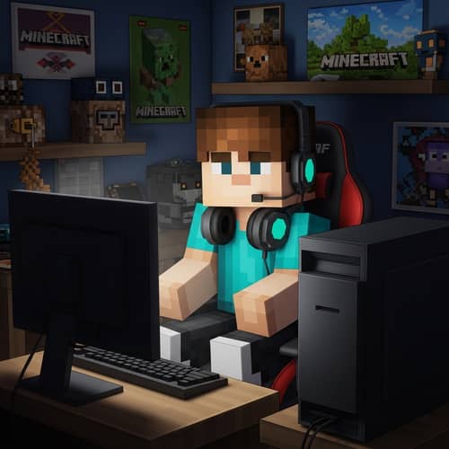 Pixelated Minecraft Player in Gaming Attire - Gaming Room Scene