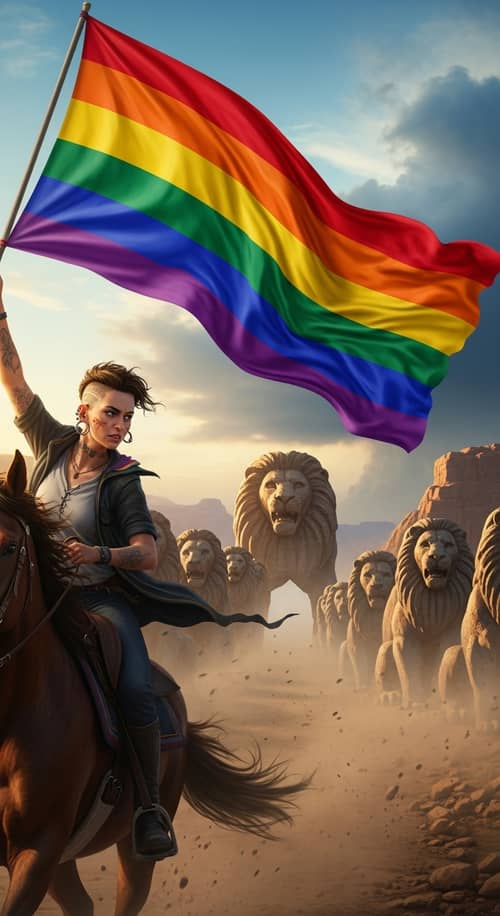 LGBTQ+ Warrior Riding Horse with Rainbow Flag - Fight for Love