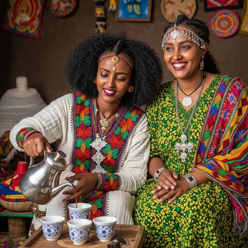 Traditional Ethiopian Coffee Ceremony with Women in Vibrant Attire