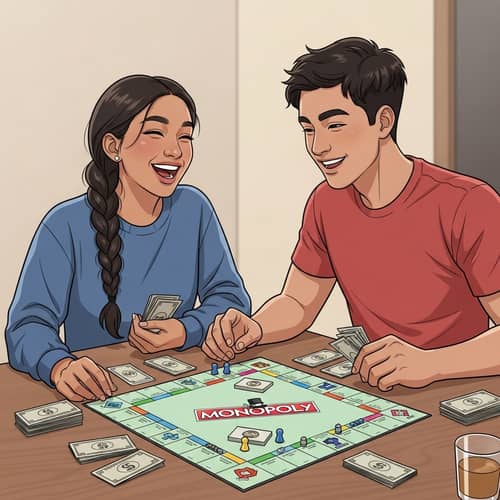 Young Couple Playing Monopoly Game with Laughter and Joy