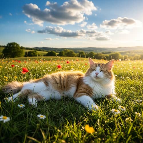 Fluffy Multicolored Cat Enjoying Sunshine in Countryside