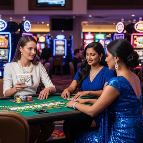 Casino Women in White and Blue - Elegant Poker Scene