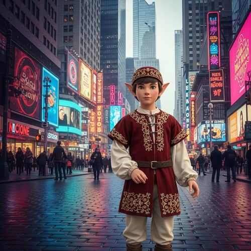 Young Elf in Ancient Clothes in Modern City