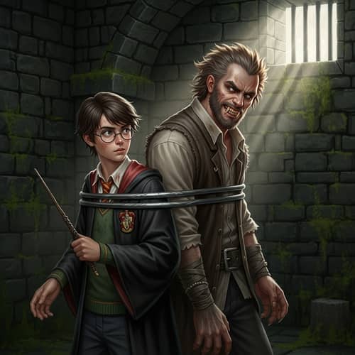 Tense Wizard Confrontation in Dark Prison Cell - Digital Art