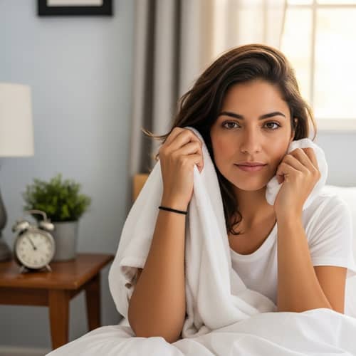 Serene Morning Scene of 27-Year-Old Hispanic Woman in Light-Colored Bedroom