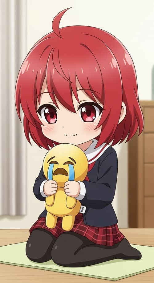 Charming Red-Haired Chibi Anime Girl with Crying Emoji Plushie