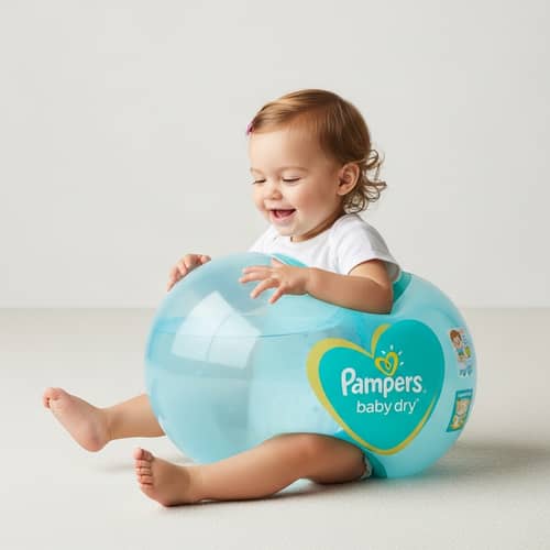 Toddler Girl with Inflated Pampers Baby Dry Diaper - Joyful Moment