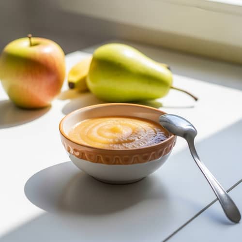 Organic Apple, Banana & Pear Fruit Puree in Colorful Bowl