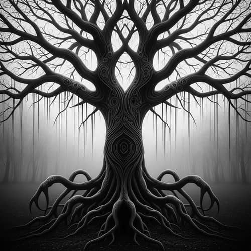 Eldritch Binary Tree: Hauntingly Detailed Black and White Photograph