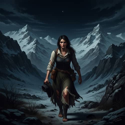 Hispanic Woman Journeying Through Wintry Landscapes at Night