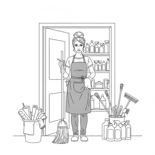 European Cleaning Lady Sketch in Gray Apron | Cleaning Company Scene
