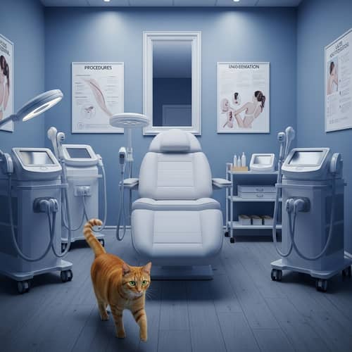 Professional Laser Hair Removal Studio with a Curious Feline Visitor