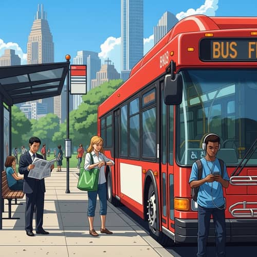 Vibrant Red City Bus at Urban Bus Stop | Park Background