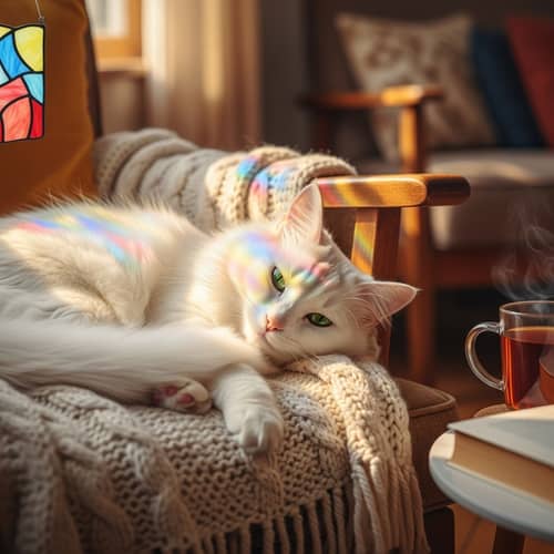 Fluffy Snow-White Cat with Emerald-Green Eyes