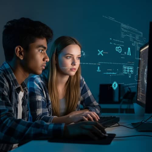 Teenage Boy and Girl on Computer Exploring Cyber World