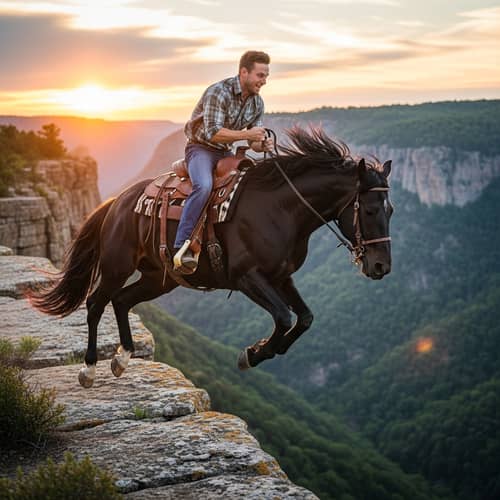 Daring Jump on Mustang Horse Over Dramatic Cliff