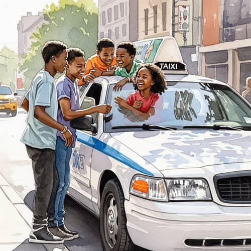 Heartwarming Watercolor Painting of Four Black Teenagers Sharing Joy