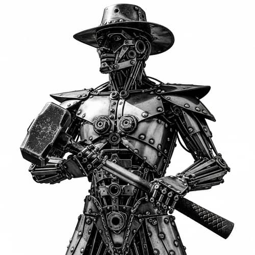 Metallic Figure with Hammer and Wide-Brimmed Hat