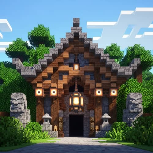 Japanese-Inspired Minecraft Mine Entrance Pixel Art