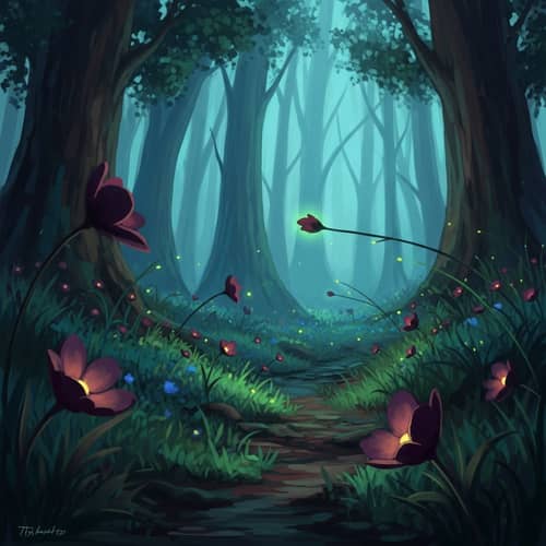 Mystical Forest with Glowing Flowers - Impressionist Style Painting