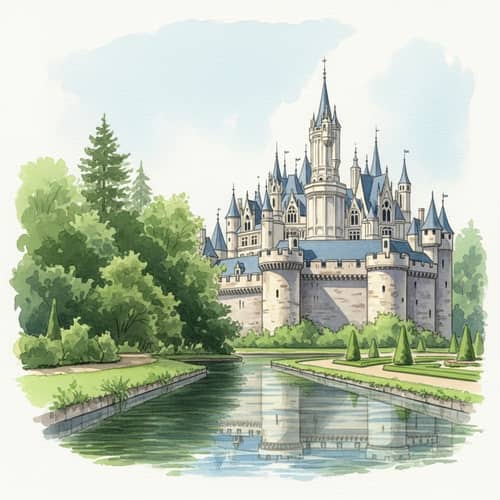 Majestic Castle Watercolor Painting - Tranquil Day Scene