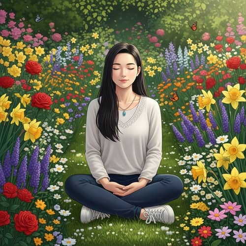 Meditative Asian Girl in Colorful Garden | Inner Peace Scene