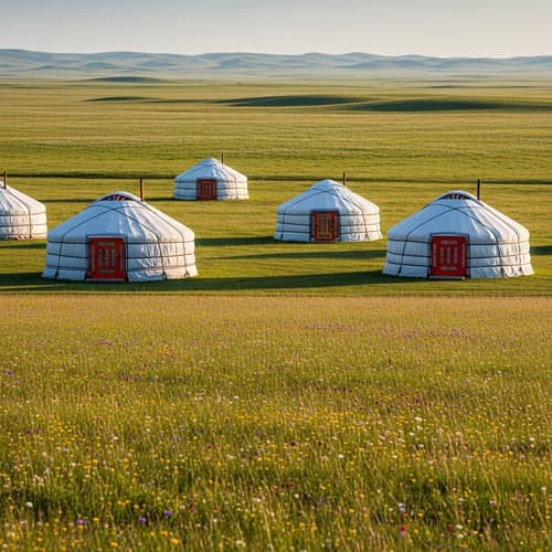 Serene Steppe Landscape with Traditional Yurts and Wildflowers