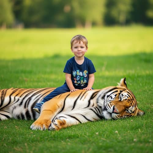 Boy on Tiger: Serene Moment in Lush Meadow