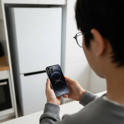 First-Person View of iPhone 14 in Modern Kitchen First-Person View of iPhone 14 in Modern Kitchen