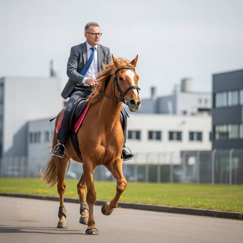 Middle-Aged Manager Riding a Horse in Technology Park Setting