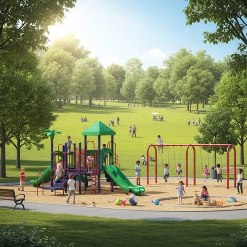 Vibrant Park & Playground: Children Playing in Lush Greenery