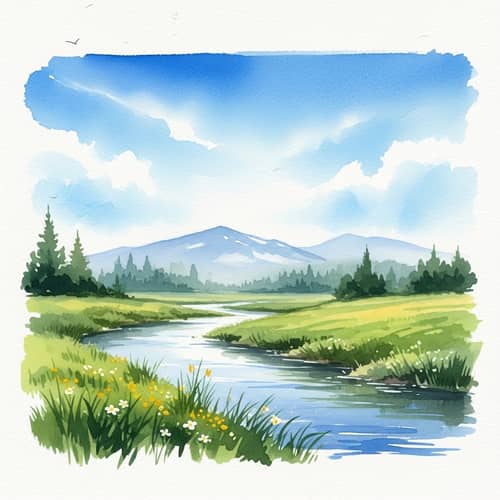 Tranquil River & Lush Meadow: Watercolor Landscape Painting