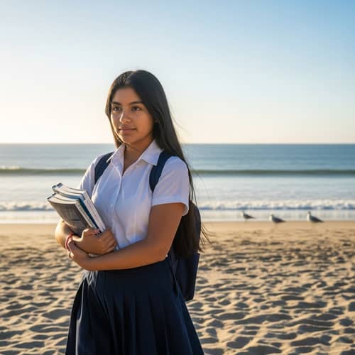 Hispanic Teenager in School Uniform on Sandy Beach