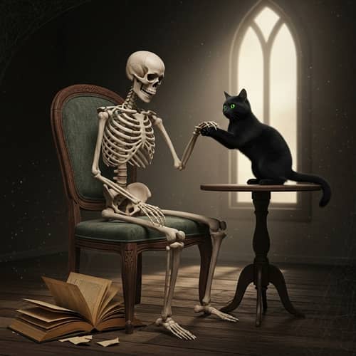 Headless Skeleton Next to Cat