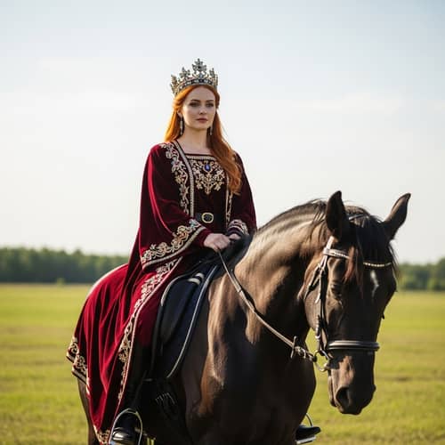 Graceful Red-Haired Caucasian Queen Adorned in Royal Attire