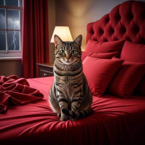 Cat Sitting on Red Bed