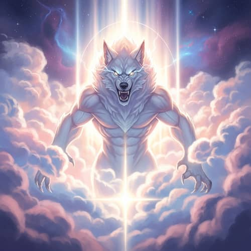 Celestial Creature Inspired by Fenrir in Pastel Clouds