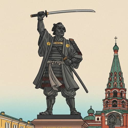 Russian Statue 'Motherland' in Samurai Style - Ukiyo-e Inspired